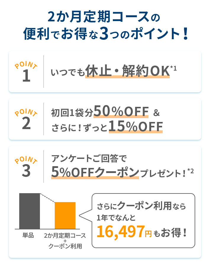 2か月定期コースの便利でお得な３つのポイント