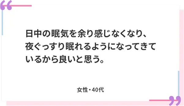 日中の眠気を余り感じなくなり、夜ぐっすり眠れる夜ぐっすり眠れるようになってきているなってきているから良いと思う。 女性・40代