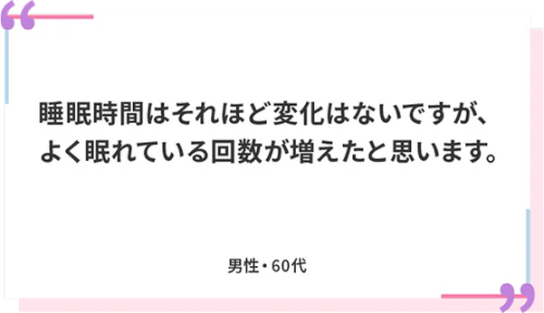 睡眠時間はそれほど変化はないですが、よく眠れている回数が増えたと思います。 男性・60代