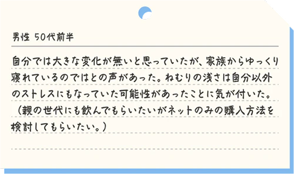 男性50代前半 自分では大きな変化がないと思っていたが、家族からゆっくり寝れているのではとの声があった。眠りの浅さは自分以外のストレスにもなっていた可能性があったことに気がついた。（親の世代にも飲んでもらいたいがネットのみの購入方法を検討してもらいたい。）