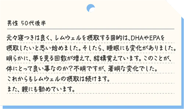 男性50代後半 元々寝つきは良く、レムウェルを摂取する目的は、DHAやEPAを摂取したいと思い始めました。そしたら、睡眠にも変化がありました。明らかに、夢を見る回数が増えて、結構覚えています。このことが、体にとって良いことなのか？不明ですが、著名な変化でした。これからもレムウェルの摂取は続けます。また、親にも勧めています。